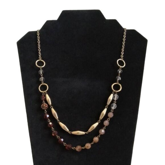 Vintage Brown & Gold Faceted Beads Lightweight Double Strand Statement Necklace - Picture 1 of 10